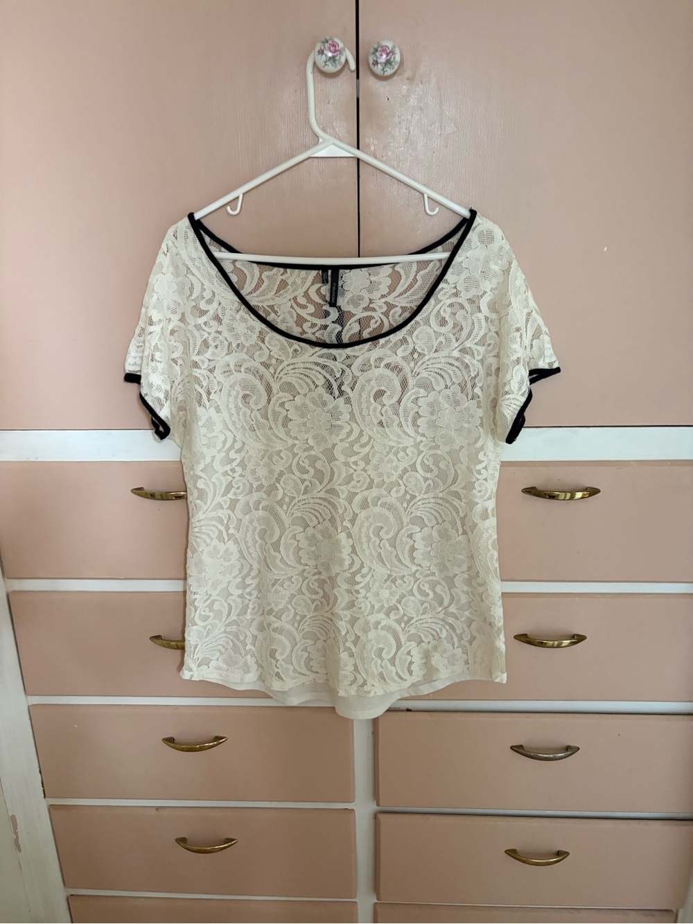 Maurices Cream Lace Tee with Black Trim